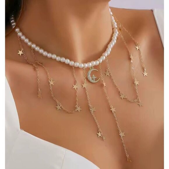 NWOT Moon and Stars Tassel Dangle Choker Necklace 17in - Picture 1 of 3